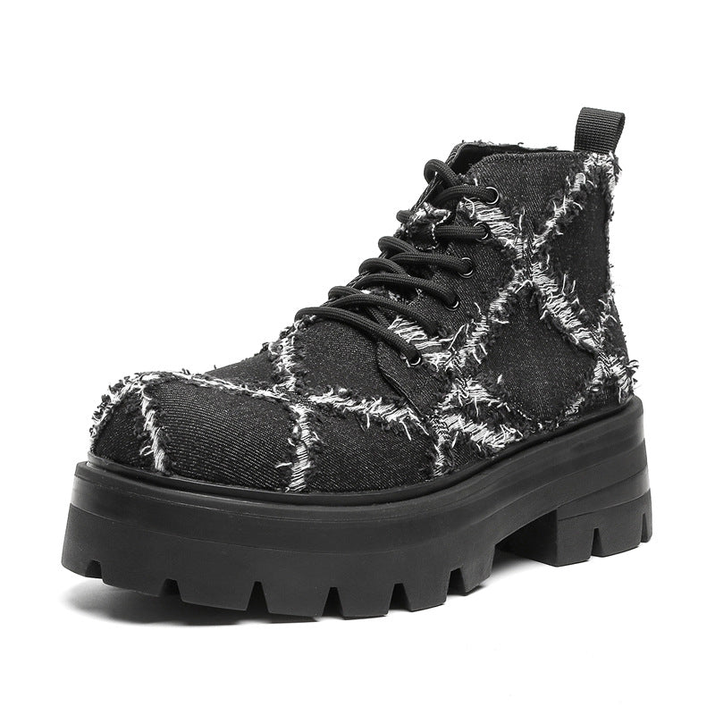 Distressed denim boots grey high platform rocker shoes big sole grunge trainers 80s style