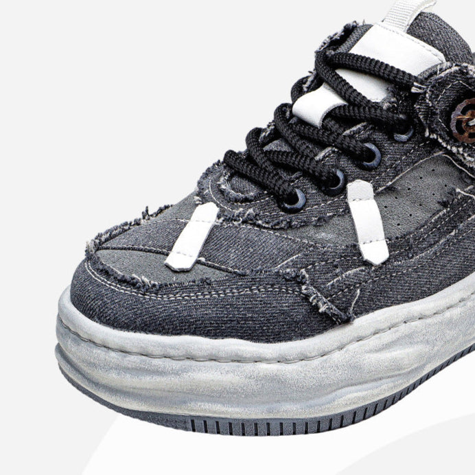 Melted platform denim sneakers grey round toe chunky skater shoes grunge jean trainers