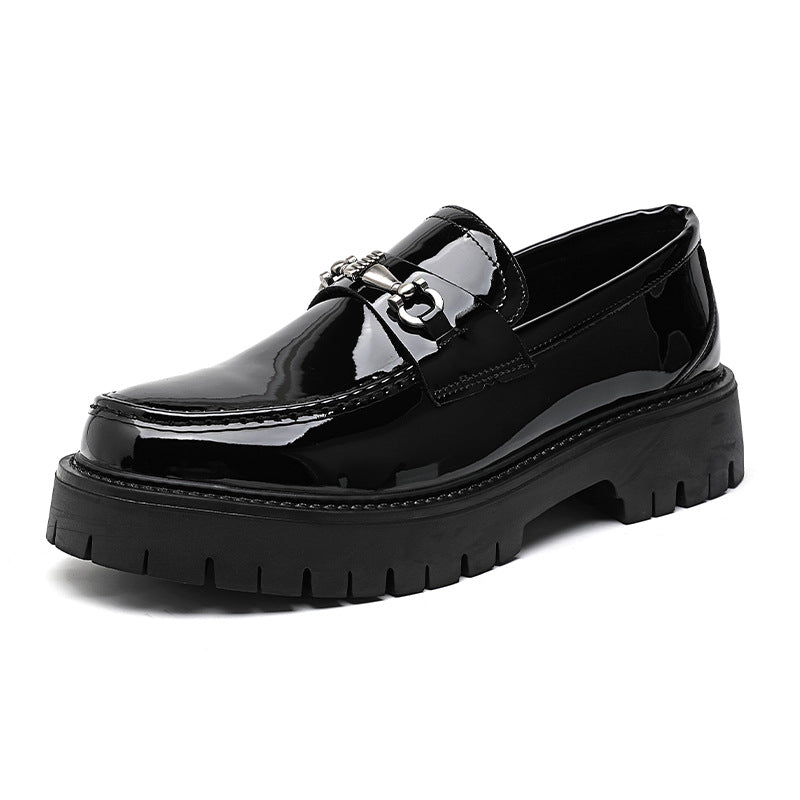 Square toe chained boat shoes black shiny patent faux leather chunky sole smart boots
