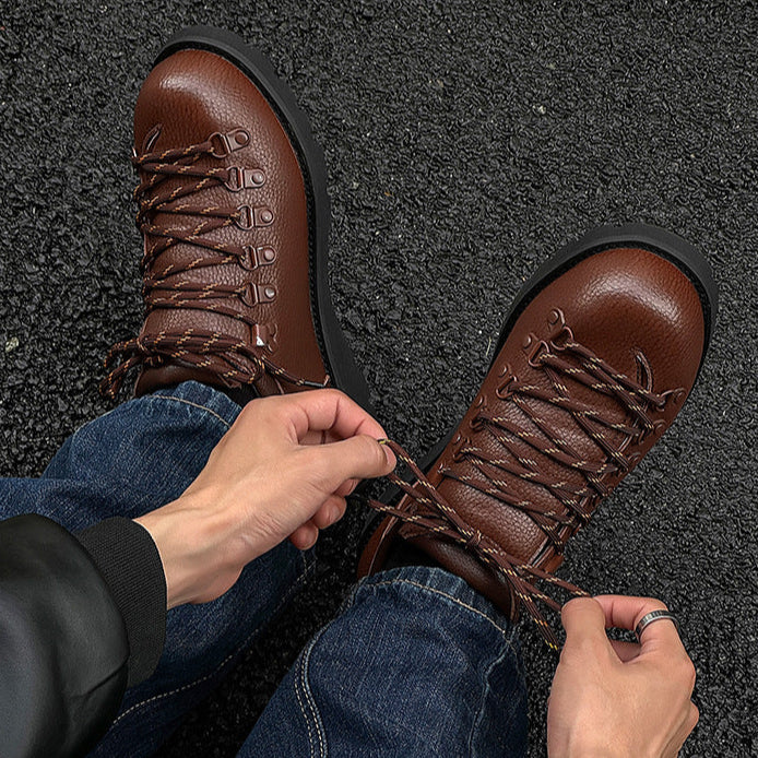 Hiking style shoes black faux leather flat sole round toe grunge boat sneakers retro casual mountain trainers