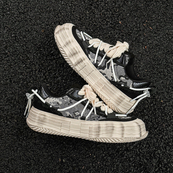 Melted platform denim sneakers camo round toe chunky skater shoes grunge jean trainers