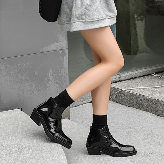 Pointy toe shiny ankle boots black unisex patent faux leather cowboy shoes high heel catwalk Chelsea boot