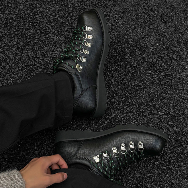 Hiking style shoes black faux leather flat sole round toe grunge boat sneakers retro casual mountain trainers