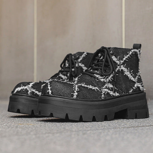 Distressed denim boots grey high platform rocker shoes big sole grunge trainers 80s style