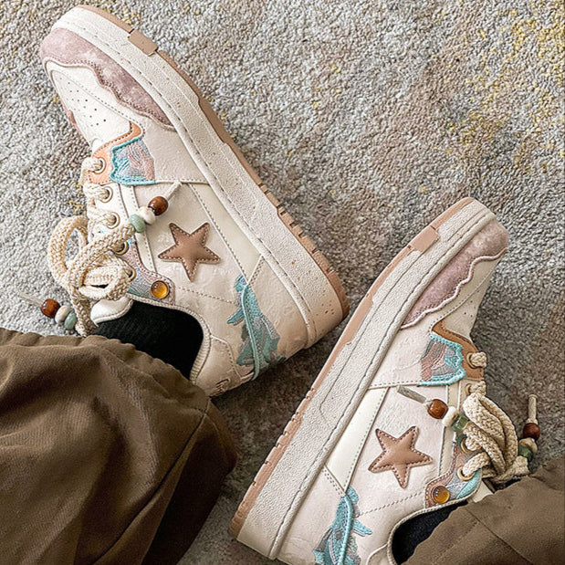 Star patchwork sneakers beige sea life shoes chunky sole hip-hop trainers 00s style