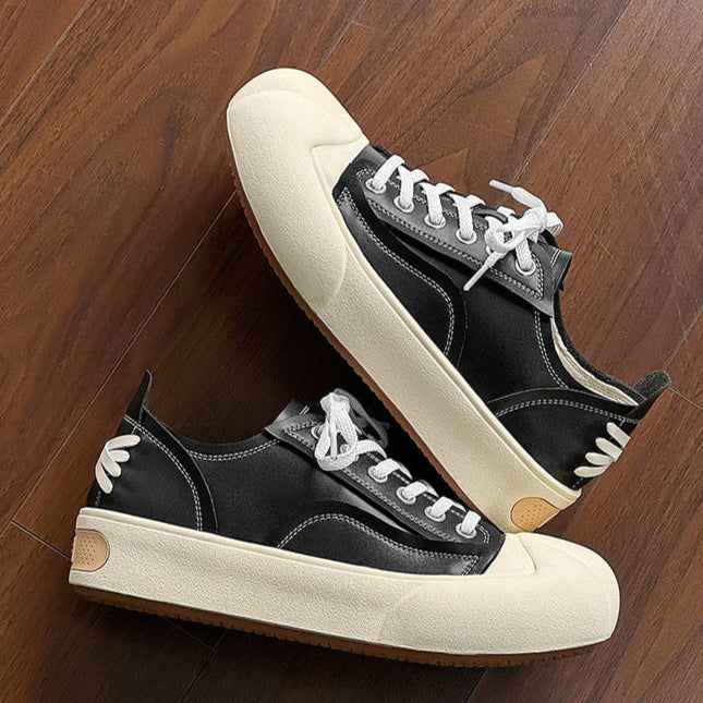 Platform faux leather sneakers black futuristic round toe chunky sole skater shoes grunge punk trainers