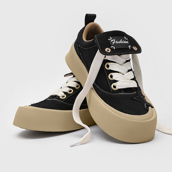 Star patchwork denim sneakers black denim shoes chunky sole hip-hop trainers 00s style