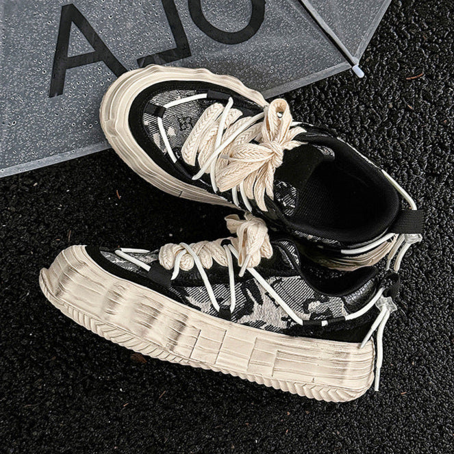 Melted platform denim sneakers camo round toe chunky skater shoes grunge jean trainers