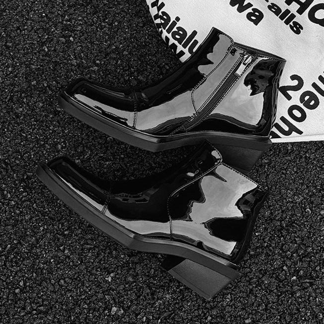 Pointy toe shiny ankle boots black unisex patent faux leather cowboy shoes high heel catwalk Chelsea boot