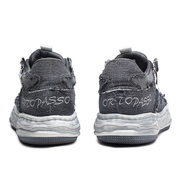 Melted platform denim sneakers grey round toe chunky skater shoes grunge jean trainers