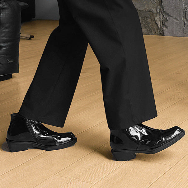 Pointy toe shiny ankle boots black unisex patent faux leather cowboy shoes high heel catwalk Chelsea boot