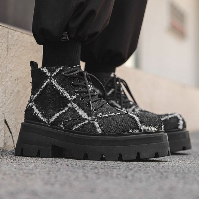 Distressed denim boots grey high platform rocker shoes big sole grunge trainers 80s style