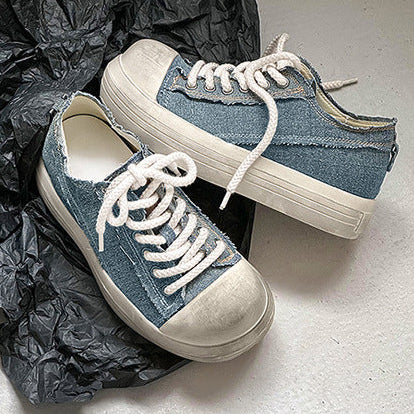 Denim sneakers off white round toe chunky skater shoes grunge platform trainers