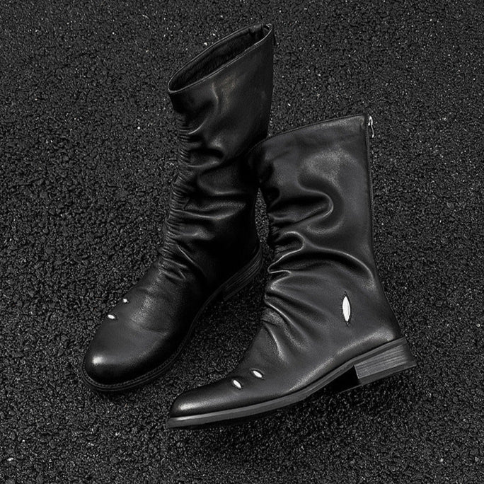 Long wrinkled catwalk boots black faux leather flat sole ankle shoes punk rocker shoes edgy 90s style