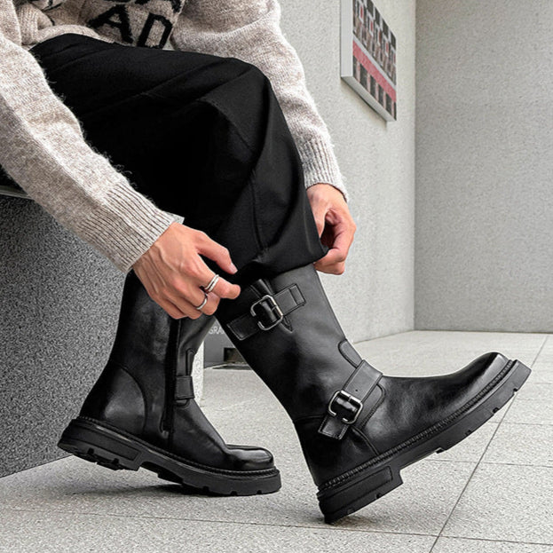 Side buckle hunter boots black low sole mountain shoes 00s grunge catwalk style faux leather