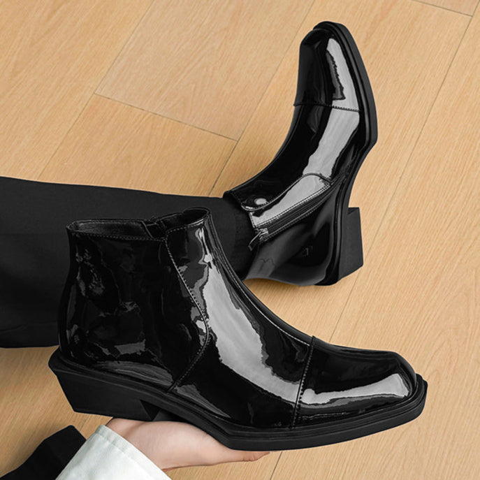 Pointy toe shiny ankle boots black unisex patent faux leather cowboy shoes high heel catwalk Chelsea boot