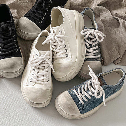 Denim sneakers off white round toe chunky skater shoes grunge platform trainers