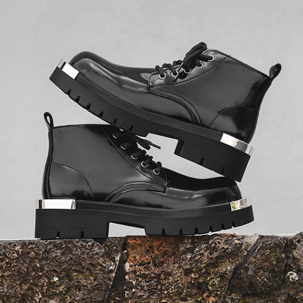 Metal plated ankle boots black shiny patent faux leather chunky sole round toe grunge shoes