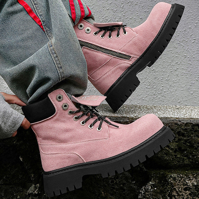 Grunge work boots pink suede feel hiking shoes catwalk mountain trainers
