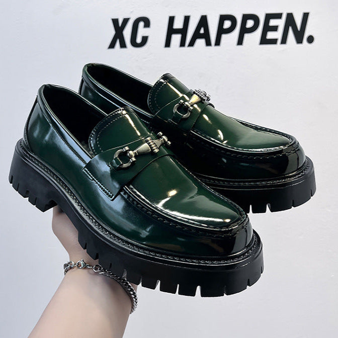 Square toe chained boat shoes black shiny patent faux leather chunky sole smart boots