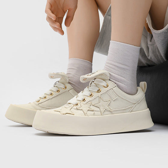 Star patchwork denim sneakers black denim shoes chunky sole hip-hop trainers 00s style