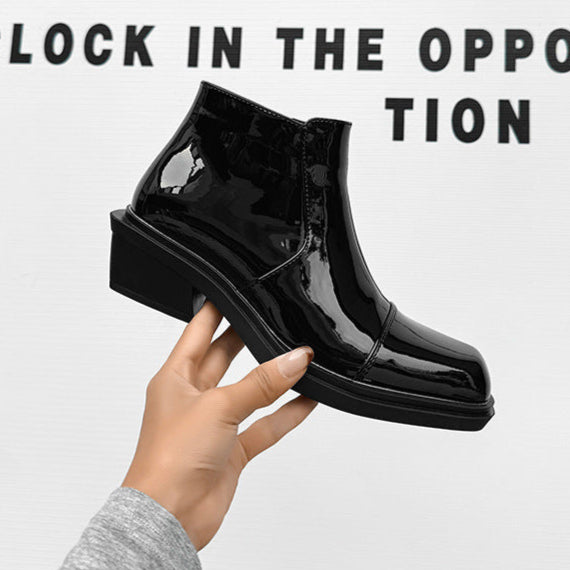 Pointy toe shiny ankle boots black unisex patent faux leather cowboy shoes high heel catwalk Chelsea boot