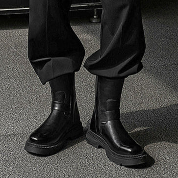 Side buckle hunter boots black low sole mountain shoes 00s grunge catwalk style faux leather