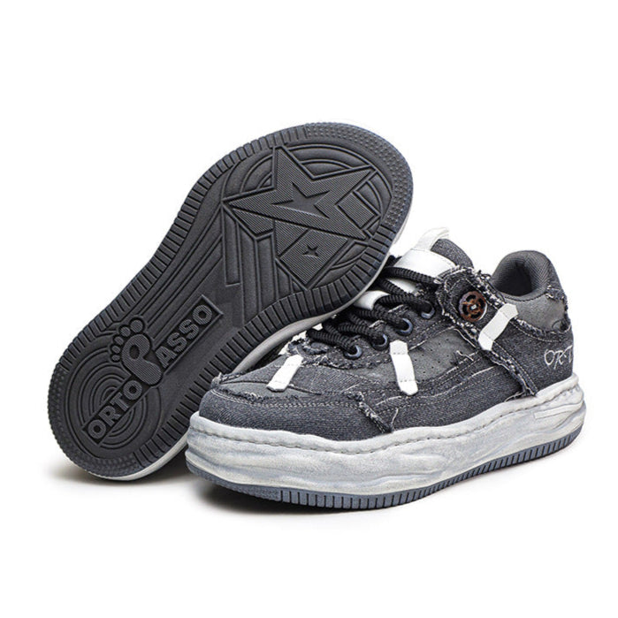Melted platform denim sneakers grey round toe chunky skater shoes grunge jean trainers