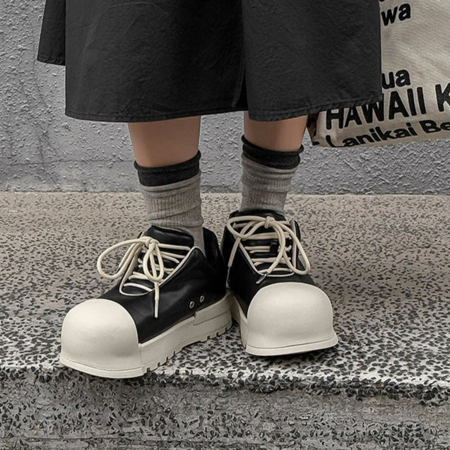 Platform gothic shoes black round toe chunky sole skater sneakers grunge punk faux leather trainers