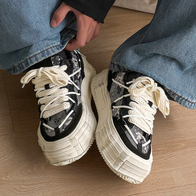 Melted platform denim sneakers camo round toe chunky skater shoes grunge jean trainers