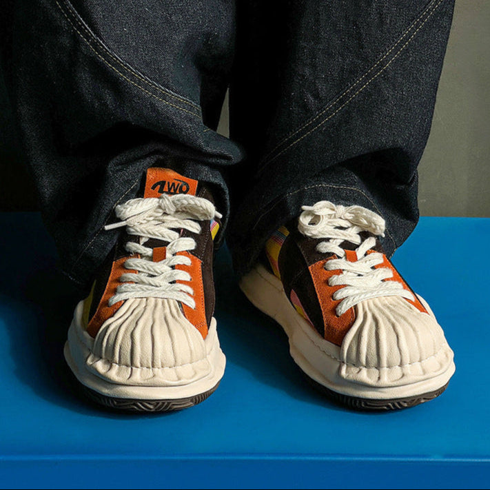 Melted platform denim sneakers rainbow  round toe chunky skater shoes grunge suede feel LGBT trainers