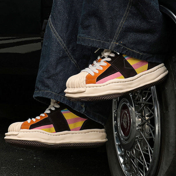 Melted platform denim sneakers rainbow  round toe chunky skater shoes grunge suede feel LGBT trainers