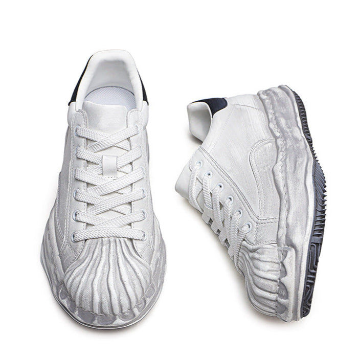 Oil wash melted platform sneakers black round toe chunky skater shoes grunge rapper trainers