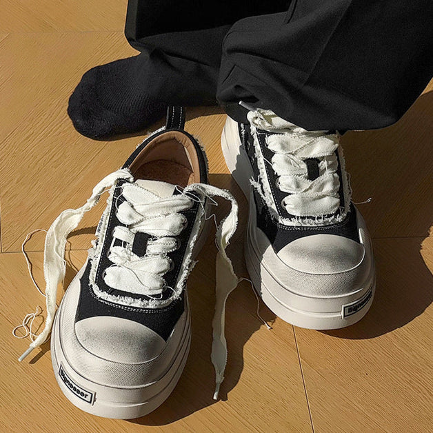 Platform distressed denim sneakers black round toe chunky skater shoes grunge jean trainers