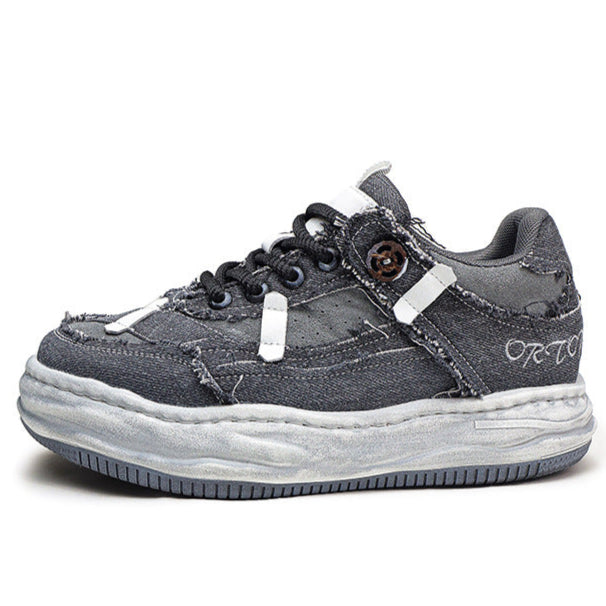 Melted platform denim sneakers grey round toe chunky skater shoes grunge jean trainers