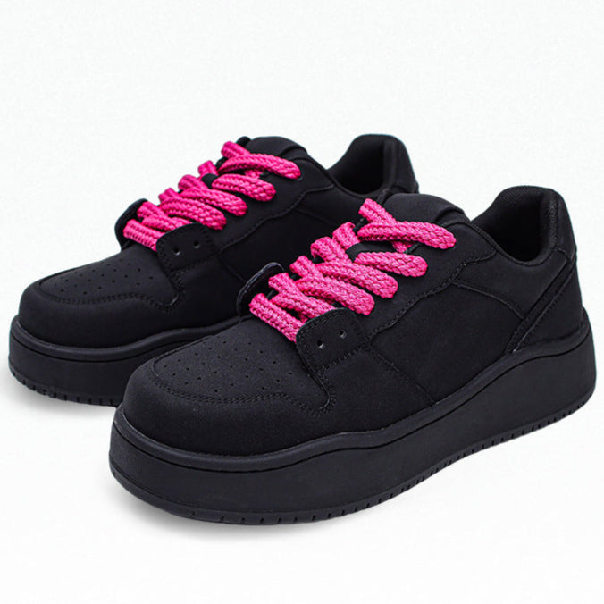 Chunky platform high tops black rave sneakers pink laces grunge shoes hip-hop trainers 00s style