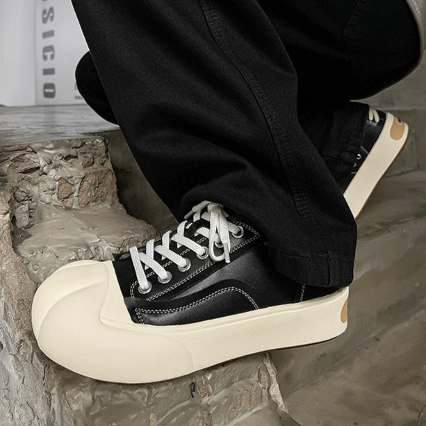 Platform faux leather sneakers black futuristic round toe chunky sole skater shoes grunge punk trainers