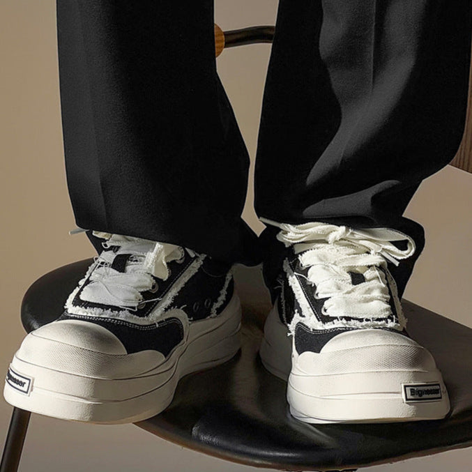 Platform distressed denim sneakers black round toe chunky skater shoes grunge jean trainers