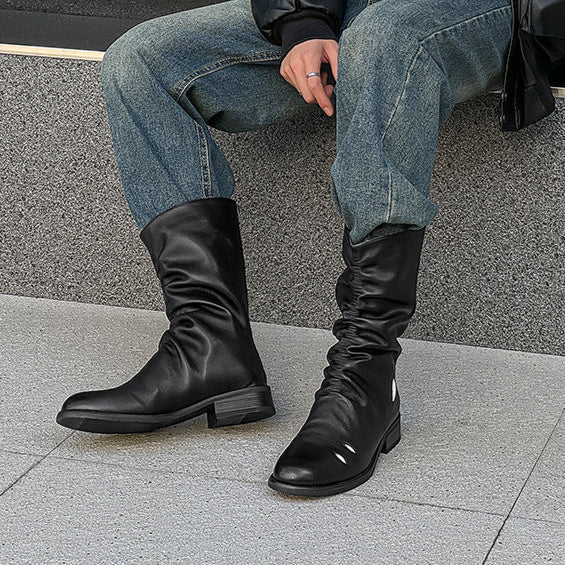 Long wrinkled catwalk boots black faux leather flat sole ankle shoes punk rocker shoes edgy 90s style