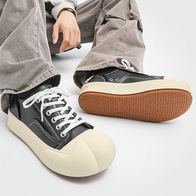 Platform faux leather sneakers black futuristic round toe chunky sole skater shoes grunge punk trainers