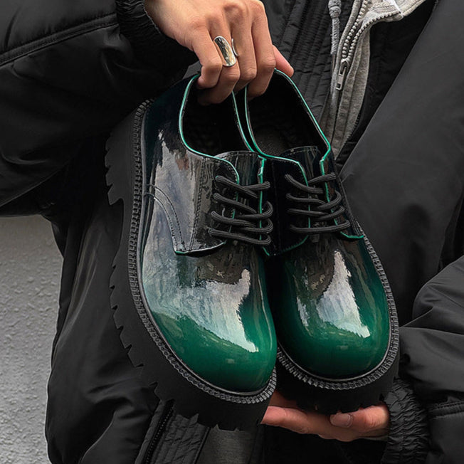 Tractor platform Derby shoes emerald green patent faux leather chunky sole grunge E-boy boots
