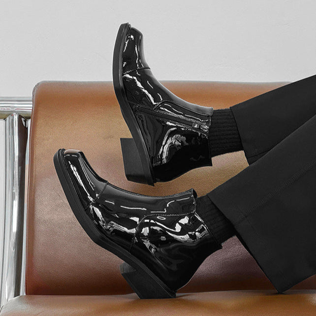 Pointy toe shiny ankle boots black unisex patent faux leather cowboy shoes high heel catwalk Chelsea boot