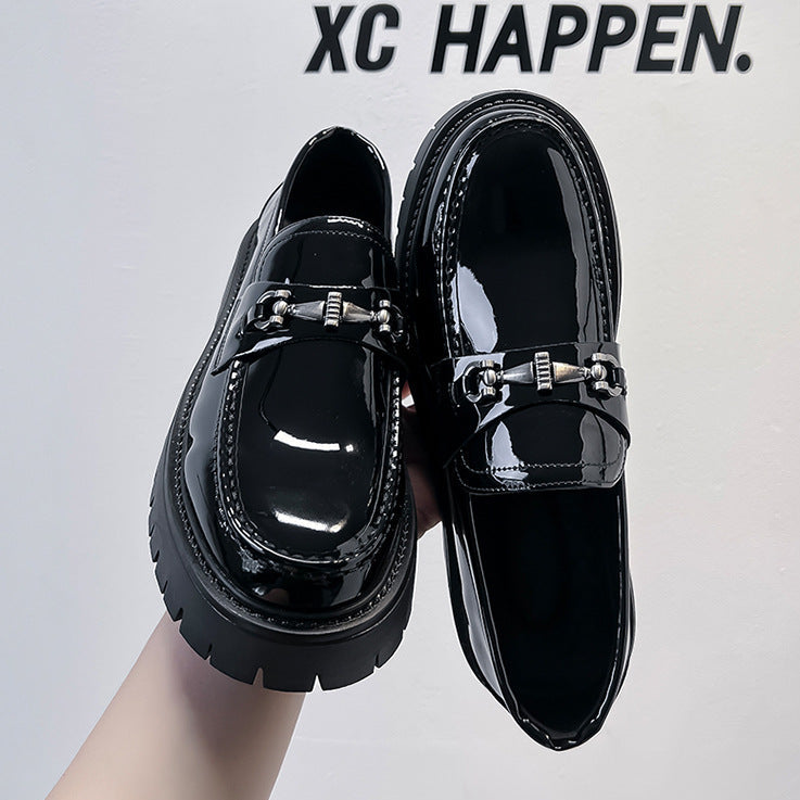 Square toe chained boat shoes black shiny patent faux leather chunky sole smart boots