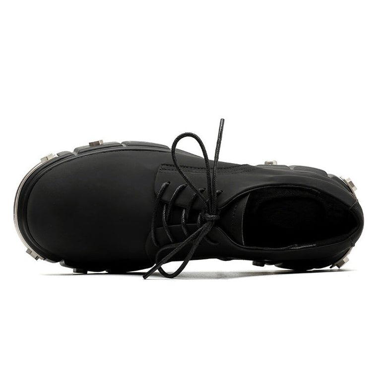 Metal plated Derby shoes matte black chunky sole round toe brogues faux leather catwalk shoes grunge fashion