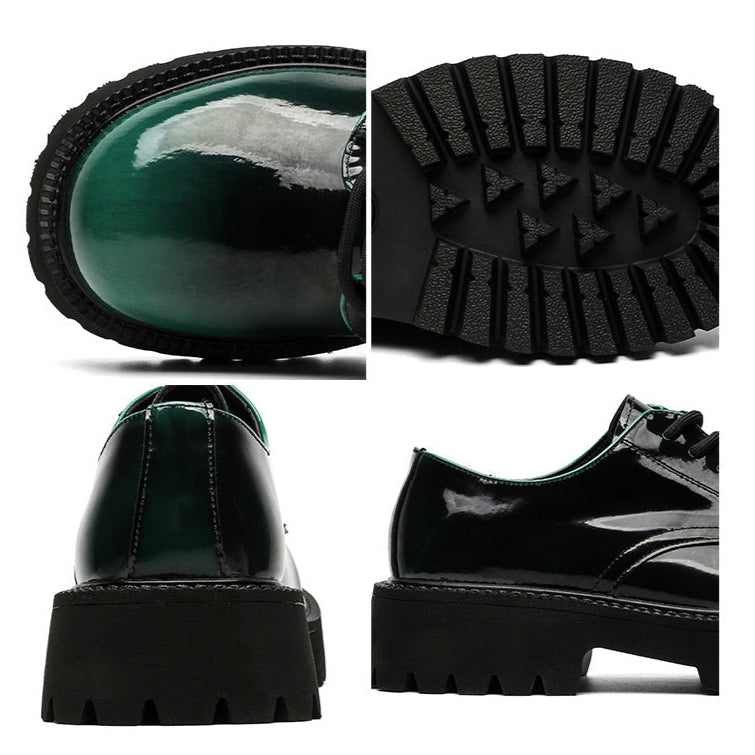 Tractor platform Derby shoes emerald green patent faux leather chunky sole grunge E-boy boots