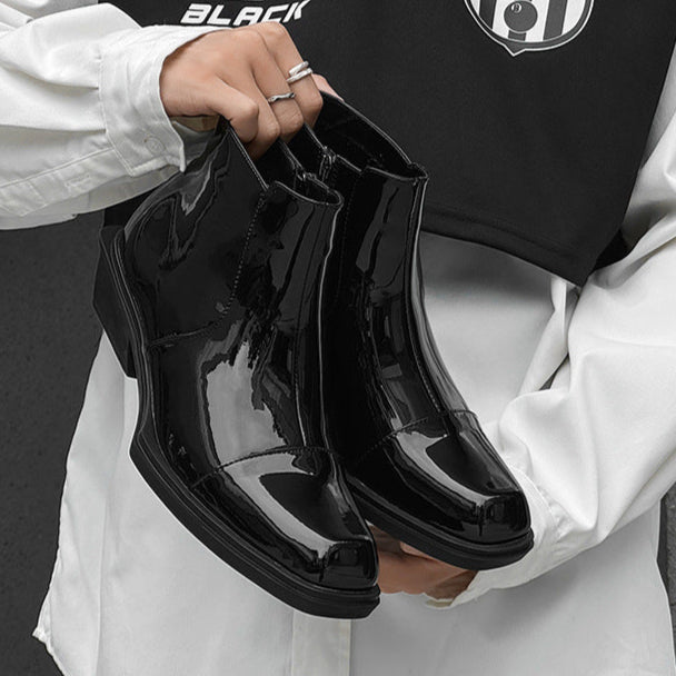 Pointy toe shiny ankle boots black unisex patent faux leather cowboy shoes high heel catwalk Chelsea boot