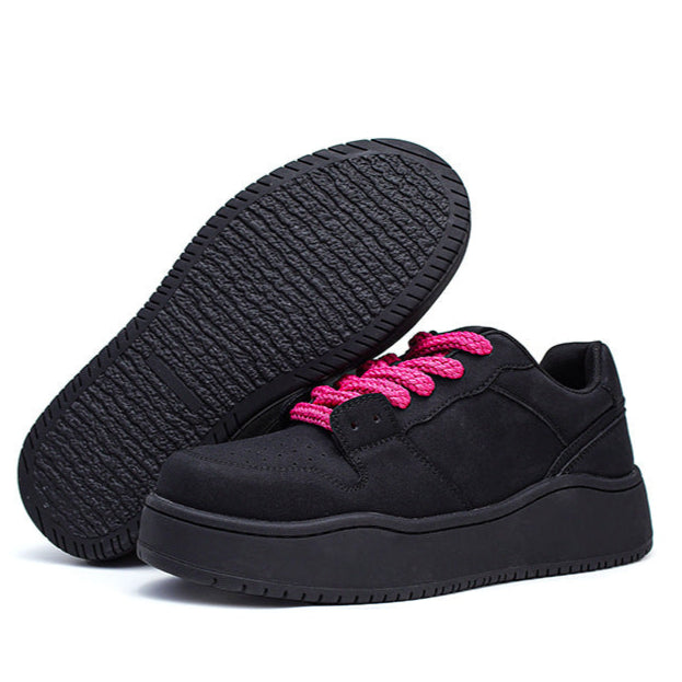 Chunky platform high tops black rave sneakers pink laces grunge shoes hip-hop trainers 00s style