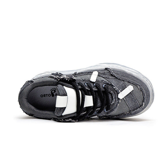 Melted platform denim sneakers grey round toe chunky skater shoes grunge jean trainers
