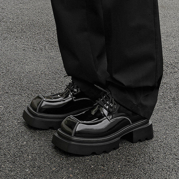 Square toe Derby shoes black shiny chunky sole brogues catwalk shoes grunge fashion boots