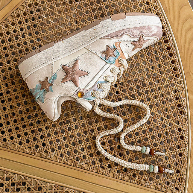 Star patchwork sneakers beige sea life shoes chunky sole hip-hop trainers 00s style